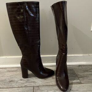 Brown croc, heeled boots
